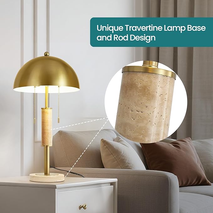 KAISITE 24" Modern Table Lamps Set of 2 for Living Room Gold Metal Nightstand Lamp with High-Grade Decorative Travertine Mid Century Table Lamp for Bedroom End Table Side Table Bedside