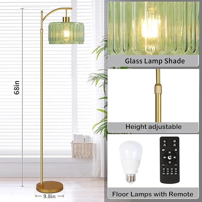 Glass Floor Lamp for Living Room,Bedroom,Gold Mid Century Modern Standing Lamp with Remote,Dimmable Brass Tall Lamp Vintage Retro Green Arc Flower Floor Light Boho Bohemian