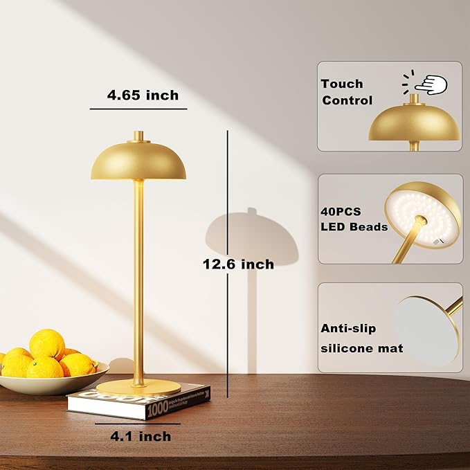 Rechargeable Cordless Table Lamp - 5000mAh Battery Operated Table Light, 3 Color Stepless Dimmable LED Table Lamp with Memory Function for Indoor, Outdoor, Dinner, Home, Restaurant.(Gold)