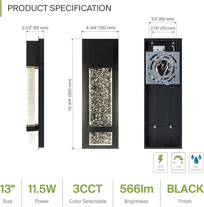 ASD LED 13 Inch Bubble Glass Wall Light Fixture | 12W 500LM 3000-5000K 120V | 3CCT, Waterproof, Dimmable, ETL Listed | Exterior Flush Mount Sconce, Outdoor-Indoor Lighting | Black, 4 Pack