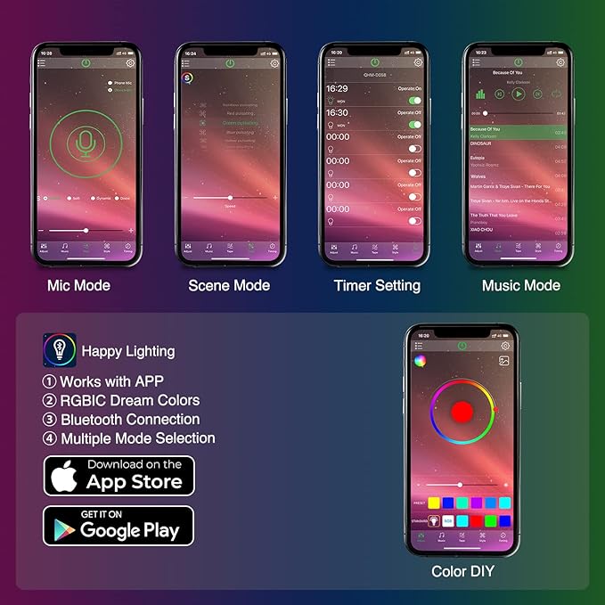 Nilight 72 LED USB Interior Strip Lights Dream Color RGB-IC 12V DC with App RF Remote Control Multicolor Footwell Under Dash Chasing Inside Light Kits 2 Lines Music Sync Mode for Cars Truck ATV UTV