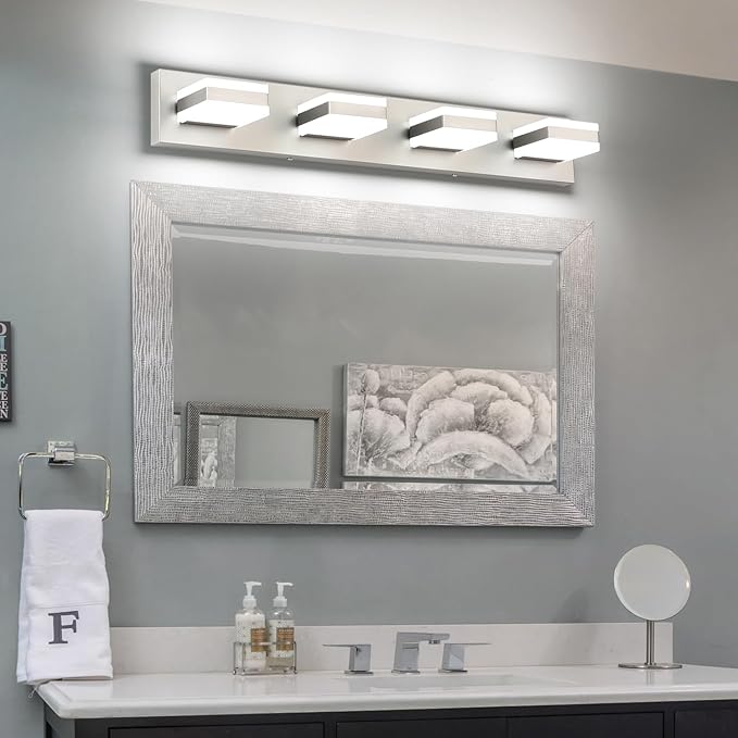 SOLFART Bathroom Vanity Lights Brushed Nickel LED Lighting, LED Bathroom Light for Bath, 4 Light Vanity Lighting Above Mirror Cool Light ND