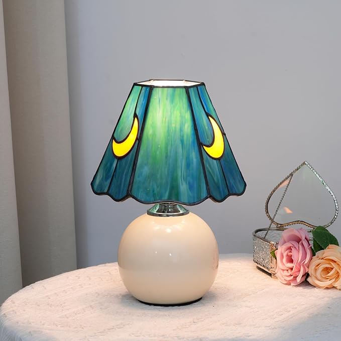 Mushroom Lamp Tiffany Lamp Stained Glass Table Lamp Moon Cute Small Bedside Lamps for Living Room Home Decor,Unique Aesthetic Home Living Room Decor Girls Women Birthday Day Gift,Sea Blue