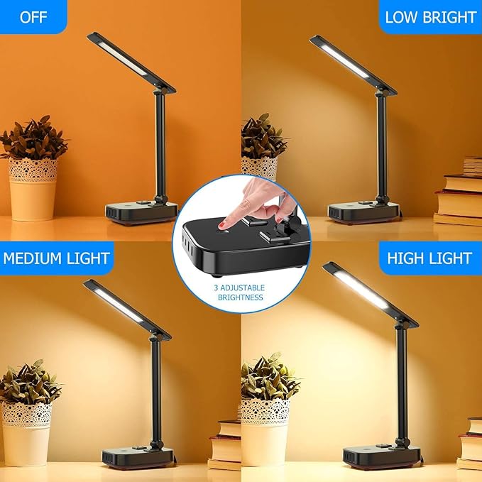LED Desk Lamp with 4 USB Charging Ports and 2 AC Outlets,5ft Extension Cord Power Strip Station, 3 Level Brightness, Touch Dimmer Control, Office Table Eye Care Lamp Bedroom Hotel