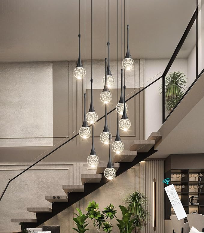 118 inches Modern Glam Crystal Chandelier for High Ceiling LED Dimmable Ceiling Pendant Light Staircase Foyer Enterway Living Room Chandelier Lighting Black 12 Lights
