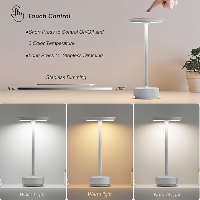 Rechargeable Table Lamps Cordless, Portable 5000mAh Outdoor Table Light, 3 Color Stepless Dimming LED Table Lamp with Memory Function, for Home/Dinner/Patio/Restaurant.(Light Gray)