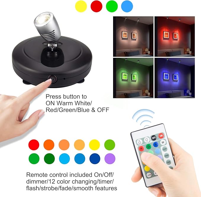 BIGMONAT Wireless Accent Spotlight Indoor for Pictures Light on Walls Battery Operation,Mini LED Spotlight with Remote for Art Paintings 12 Color Changing,Dart Board Light with Rotate Head 2Pack