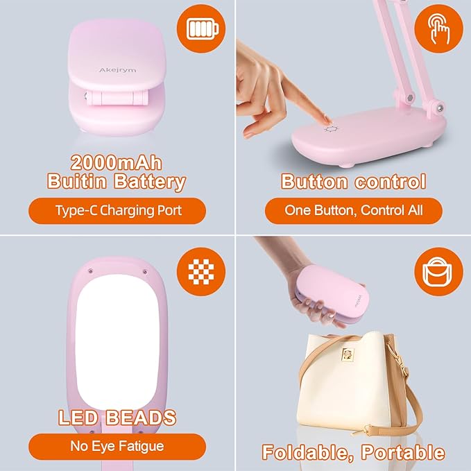 LED Desk Lamp for Office Home & Battery Operated Lamp Rechargeable Lamp Foldable & Portable Light, [2-Fold Bracket] 3 Brightness Dimmable Small Desk Lamp Wireless Reading Lamp (Pink)