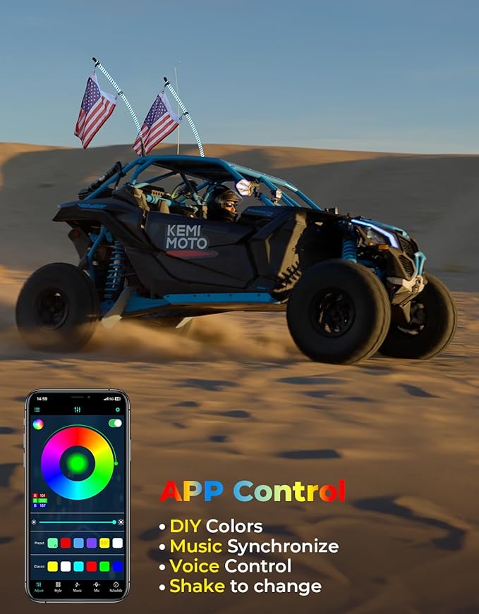 KEMIMOTO 2pc 4ft COB Whip Lights, 2016pcs LEDs High Density, Bluetooth-connectivity App Control LED Whip Lights for Side by Side UTV ATV Buggy Compatible with Can-Am Maverick X3 Polaris RZR