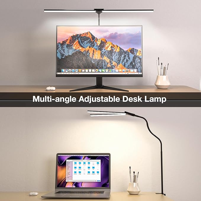 Desk Lamp for Home Office, Double Head Desk Light with Clamp, Dimmable 5 Color Modes Task Lighting, Eye-Caring Architect Table Lamp for Workbench, Dual Monitor, Study, 1400lm