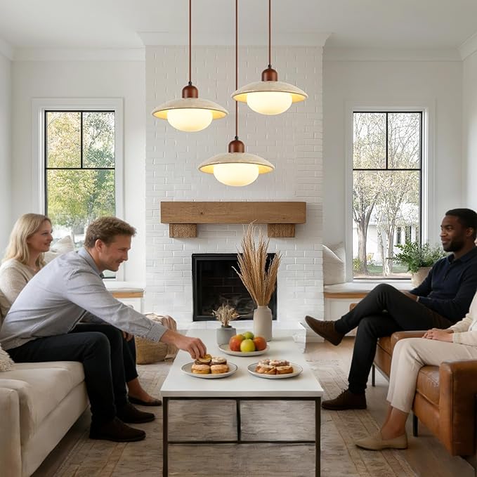 Pendant Lights Kitchen Island Wabi Sabi Lamp, Hanging Lighting Fixture Natural Stone Shade Chandelier, Japandi Style 20W Yellow Travertine Cave Hanging Lights for Bedroom Dining Living Room Hallway