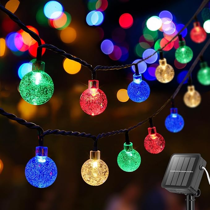 Metaku Solar String Lights for Outside, 36FT 60 LED Crystal Globe String Lights, Solar Powered Outdoor Lights with 8 Lighting Modes, Patio Hanging Lights for Garden, Camping and Party Décor Multicolor