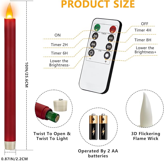 Flameless Taper Candles 10" Dripless Battery Operated Taper Candles Included Remote Timer 400+ Hours by 2AA Batteries for Halloween Christmas Wedding (Burgundy, 12 Pack)