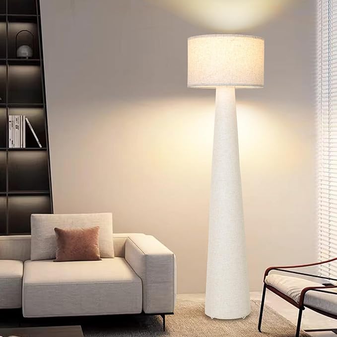Boho White Floor Lamps for Living Room, Dimmable Standing Lamp with Remote and Bulb, Mid Century Column Tall Lamp with Fabric Shade, 3 Color Temperatures, Farmhouse Stand Up Light for Bedroom