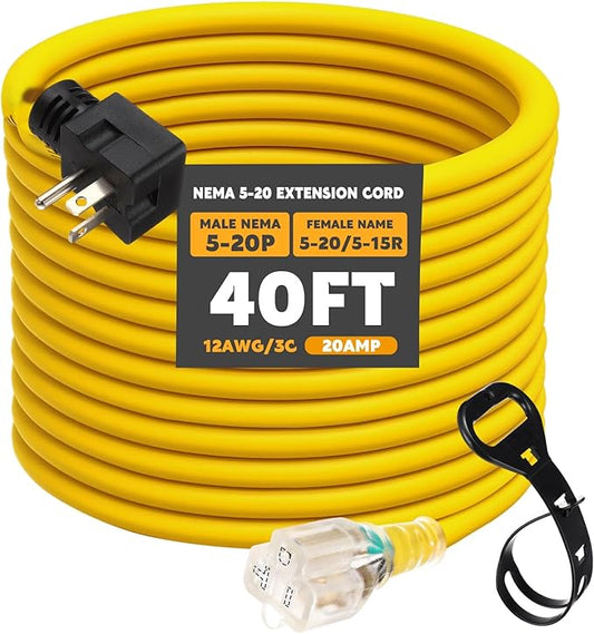 Kanayu 40 FT NEMA 5-20 Extension Cord, 5-20P Male Plug to 5-20/5-15R Female Receptacle, 20 Amp T-Blade Outlet Extension Power Cord with Indicator Light, 12 AWG, ETL Listed