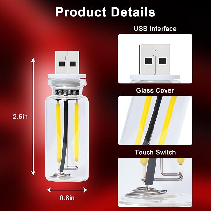 Car USB Night Light Touch Dimmable - 1-Pack Retro LED Filament Lamp for Truck Interior, Bedroom & Camping | Glass Bottle Ambiance Lighting (Red)