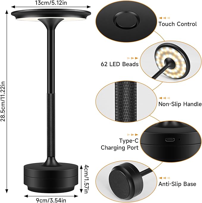 Cordless Rechargeable Table Lamps, Portable Led Ecolume Dining Table Light with Touch Control & 3 Color Dimmable, 5200mAh Battery Powered Vueeze Table Lamp for Outdoor Patio Dinner Restaurant (Black)