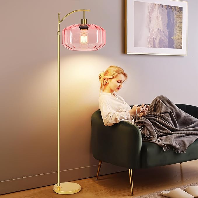 Vintage Floor Lamps for Living Room Glass Floor Lamp with Remote Control & 3 Color Temperature,Dimmable Floor Lamp Gold Mid Century Modern Standing Lamp Brass Tall Pink Floor Lamps for Bedroom Corner