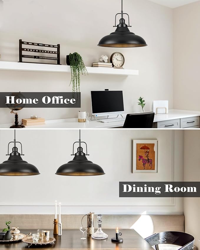 Black Pendant Light Kitchen Island,16 Inch Large Industrial Pendant Lights, Matte Black Pendant Lights, Vintage Farmhouse Pendant Light for Kitchen Island, Dining Room, Hallway (3 Packs)