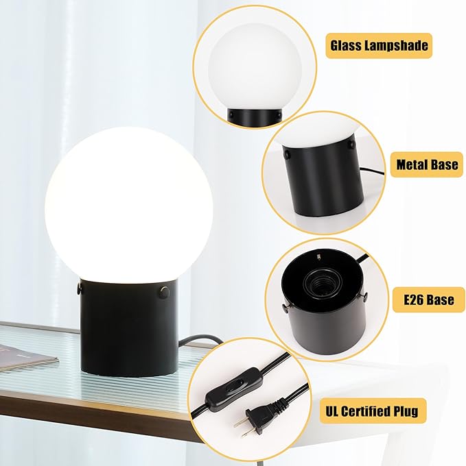 Somniferous Small Table Lamp for Nightstand with Frosted Glass Globe Lamp Shade, Mid Century Modern Bedside Lamp with Black Metal Base, Round Side Table Lamp for Bedroom Living Room Entryway
