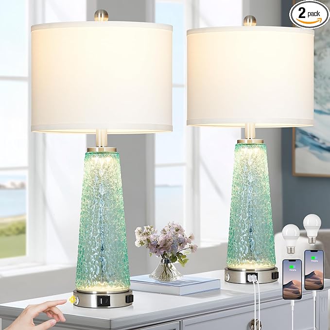 26" Coastal Table Lamps for Living Room, Glass Bedside Lamps with USB A+C Ports & Outlet, Nautical Cracked Glass Nightstand Lamp with Night Light for Bedroom End Table Blue Teal Turquoise Beach Ocean