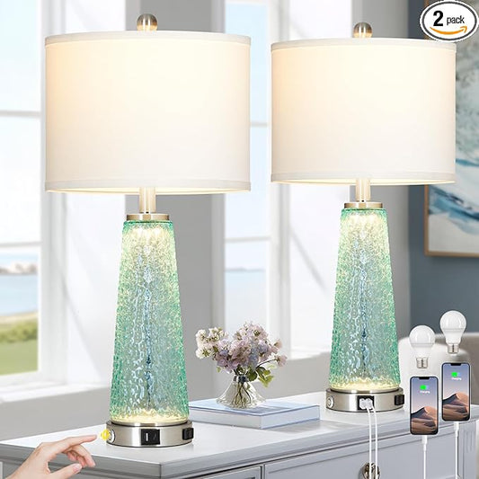 26" Coastal Table Lamps for Living Room, Glass Bedside Lamps with USB A+C Ports & Outlet, Nautical Cracked Glass Nightstand Lamp with Night Light for Bedroom End Table Blue Teal Turquoise Beach Ocean
