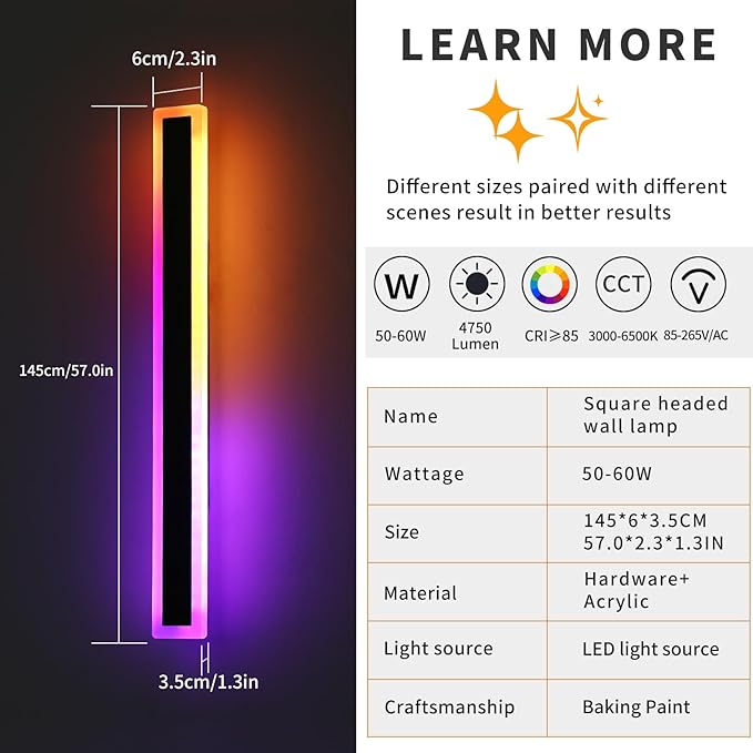 Mikeru 2pack 57inch Outdoor Wall Light Fixtures, RGB Long Exterior Wall Light 10%-100% Dimmable Smart Outdoor Light Fixtures Wall Mount Featuring Multiple Modes and 12 Colors for Patio Entryway