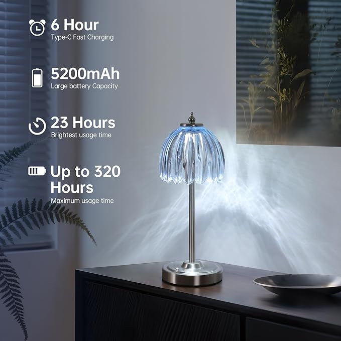 Rechargeable Table Lamp with 5200mAh Battery & Touch Control - 3 Adjustable Color Temperatures, Cordless Dimmable Table Light for Bedroom, Office Desk, Nightstand(Clear Light Blue,1 Pack)