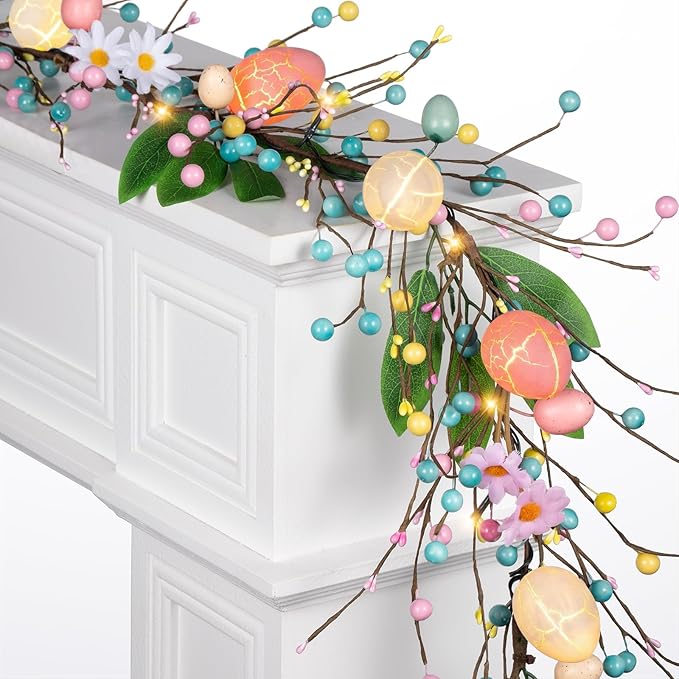 6 FT Pre-Lit Easter Garland with 20 LED Lights & 8 Mode Timer, Mixed Pastel Easter Pip Berry Spring Galand for Mantle Decorations, Lighted Artificial Easter Egg Garland for Fireplace Table Holiday
