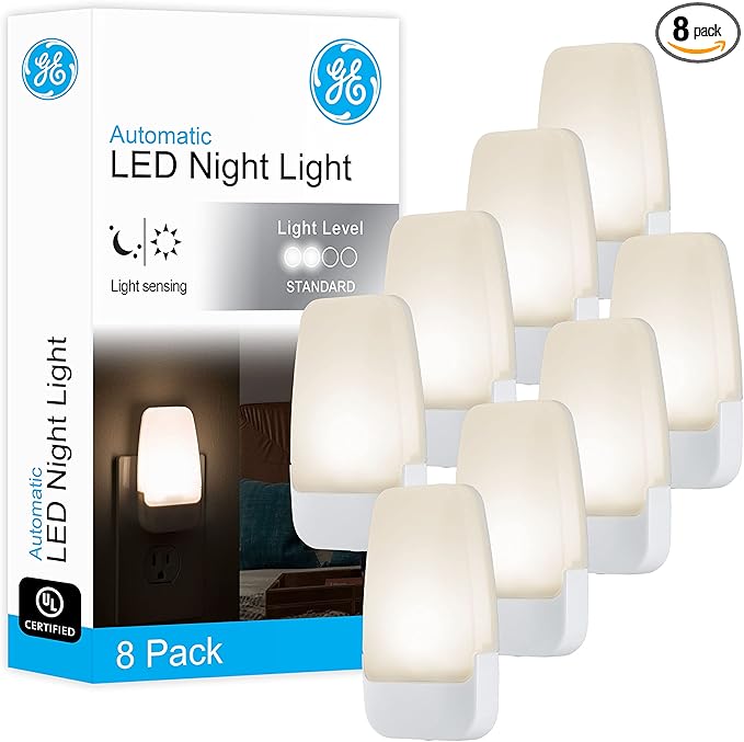 GE LED Night Light, Plug-in, Dusk to Dawn Sensor, Warm White, Ambient Lighting, Ideal Nightlight for Kids, Adults, Bedroom, Bathroom, Nursery, Hallway, Kitchen, 46478, 8 Pack