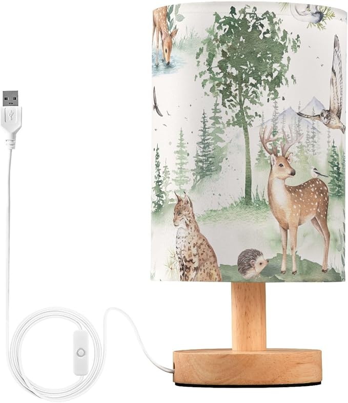 Bedside Table Lamp Woodland Animals Nightstand Lamp with Wood Forest Deer Owl Lynx Hedgehog Ermine Tree Desk Lamps for Bedroom Living Room Nursery Office Home Decor