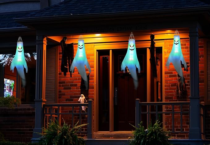 Halloween Ghost Decorations Outdoor: 2 Pcs Spooky Hanging Ghosts for Tree, Porch, Garden, Yard - Waterproof Colorful Halloween Decor With Timer