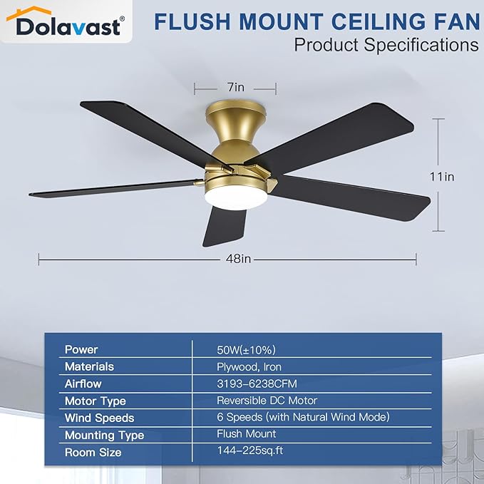 Ceiling Fans with Lights and Remote, 48 Inch Gold Ceiling Fan with Light, Low Profile Reversible Fandelier Ceiling Fan, Dimmable LED, Flush Mount, Quiet DC Motor, for Bedroom Kitchen