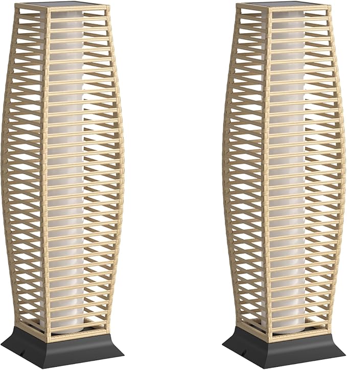 Rattan Outdoor Floor Lamp Set of 2, Boho Solar Porch Lights Outdoor Waterproof for Patio, Garden, Balcony & Deck, Natural (Horizontal)