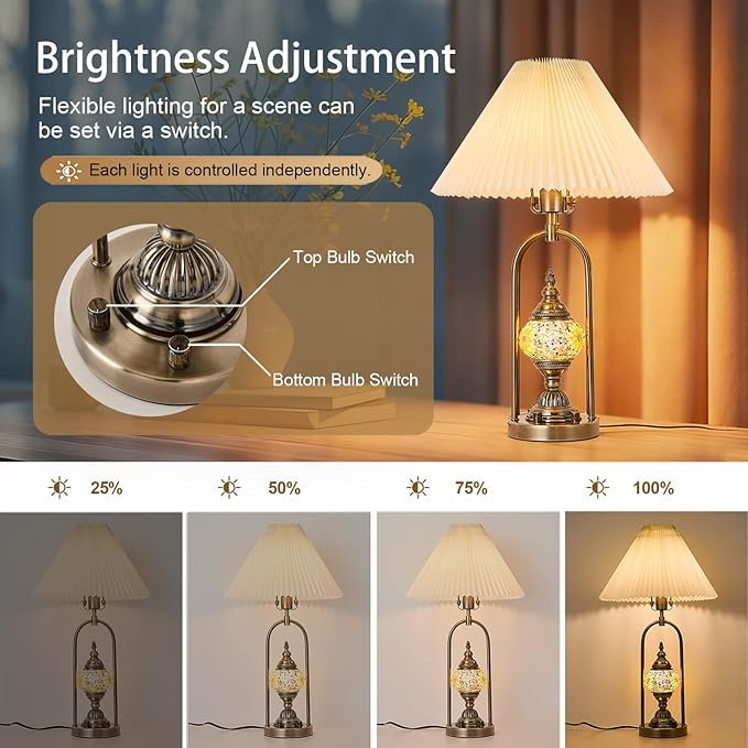 beaysyty Vintage Mosaic Table Lamp Set of 2, 25.2 Inch Decorative Bedside Lamps with Pleated Shade, USB Charging Ports, Colored Glass Globe Night Light, Bronze Gold Finish and Beige Lampshade