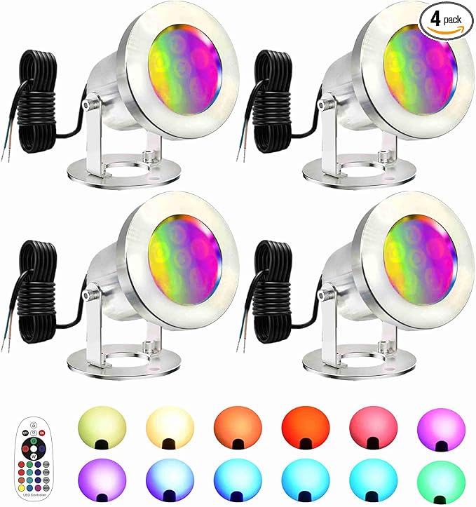 LED Pond Lights with Remote Control, 6W SS316 Stainless Steel RGB Underwater Fountain Light IP68 Waterproof Outdoor Underwater Lights for Pond Waterfall (4)
