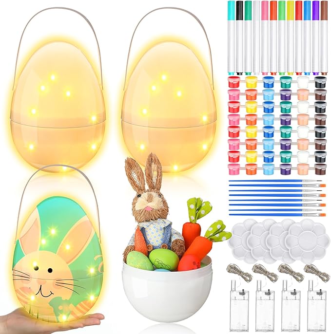 Colingmill 4 Sets Jumbo Easter Egg Plastic Fillable 10 Inch Giant Paintable Eggs with Handles Large White DIY Containers Paint Your Own Egg Lamp Kit for Easter Decor Basket Stuffers Fillers