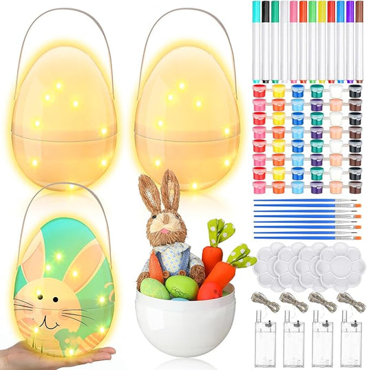 Colingmill 4 Sets Jumbo Easter Egg Plastic Fillable 10 Inch Giant Paintable Eggs with Handles Large White DIY Containers Paint Your Own Egg Lamp Kit for Easter Decor Basket Stuffers Fillers