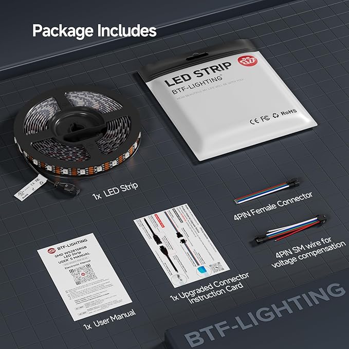 BTF-LIGHTING WS2815 (Upgraded WS2812B) LED Strip Light,UL Listed,16.4FT 300 LED/Pixels,Flexible Chasing RGB,Dual Signal Individually Addressable,5050SMD,DC12V IP67(No Adapter or Controller)