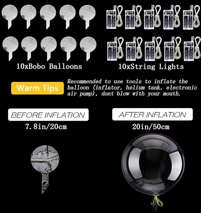 LED Balloons 10 Pack, Light Up Balloons 20 Inches Clear Helium Bobo Balloon, Glow Bubble Balloons with String Lights for Valentines Day Halloween Christmas Wedding Birthday Party Decoration