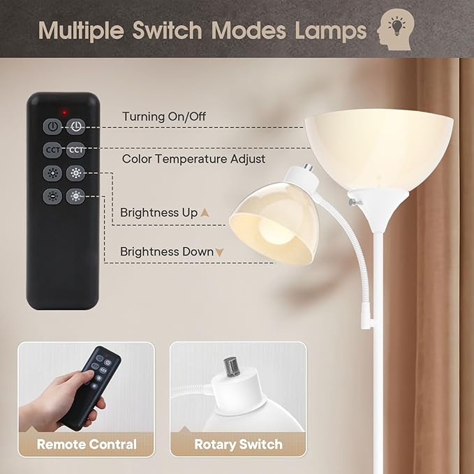 GERGO Led Floor Lamp, Super Bright 11W+7W 2100LM Torchiere Floor Lamps for Living Room, Stepless Adjustable 3000K-6000K Temperatures with Remote Control for Bedroom (White)