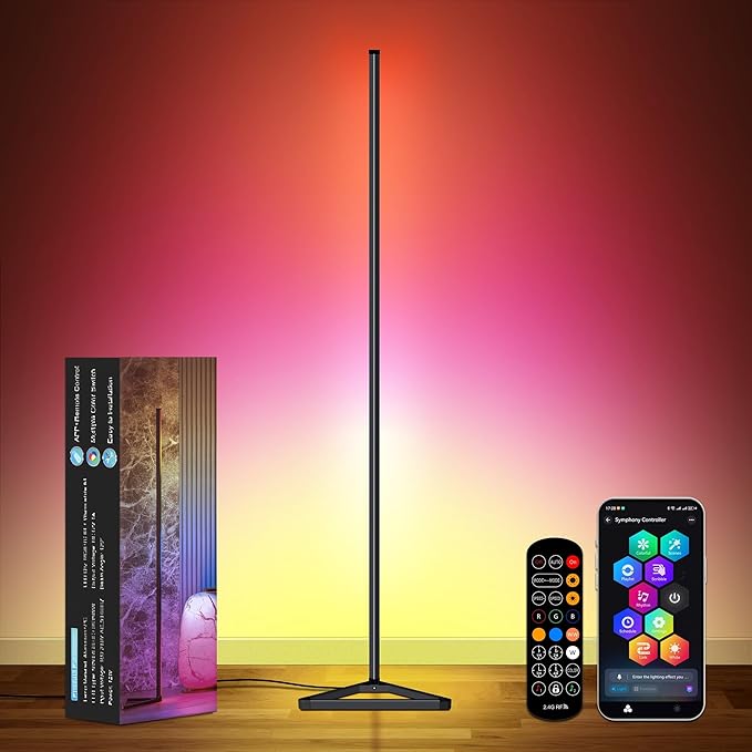 RGB LED Corner Floor Lamp, with App & Remote Control, 16 Million Colors /68+ Scenes/Dimmable/Music Sync/Timer/Modern Farmhouse Decor Led Lights for Bedroom, Gaming Room, Living Room Decor