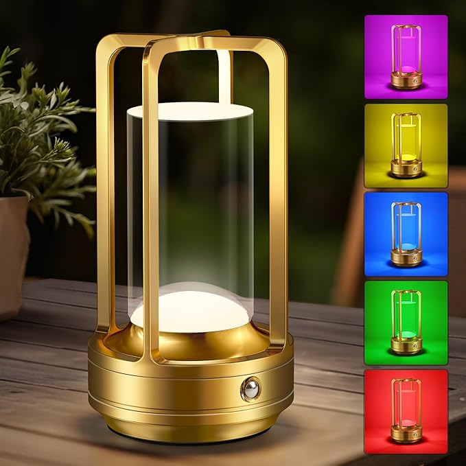 Portable Table Lamp for Outdoor Indoor: Cordless Rechargeable Desk Lamp with 3 Color Stepless Dimmable - Metal Battery Operated Lantern Light for Bedroom/Bar/Coffee Shop/Camping (Gold+RGB)