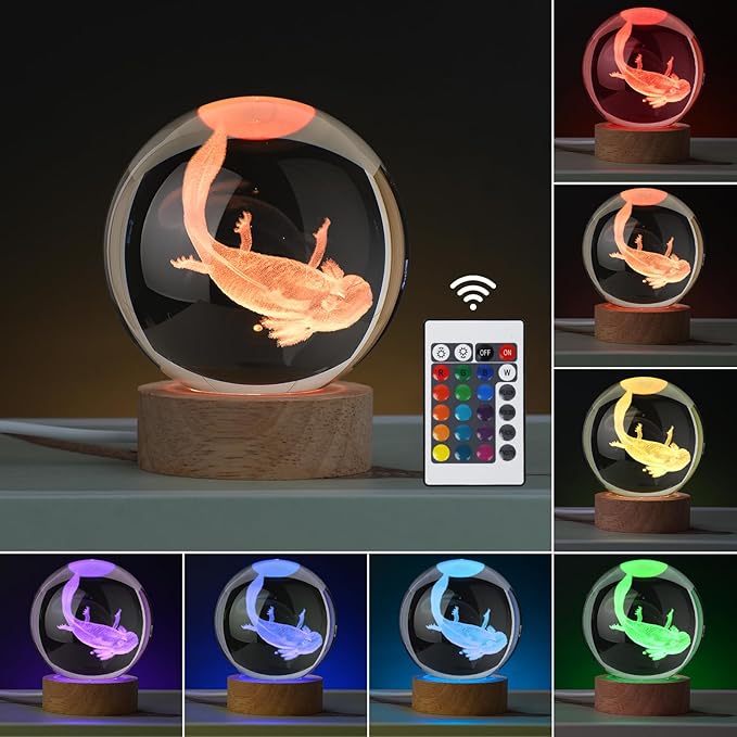Large 3D Axolotl Crystal Ball Night Light, 16 Color Changing with Remote Control for Bedroom Decor, Ideal Cool Desk Decor Gift for Teens Boys and Girls and Fans, Axolotl