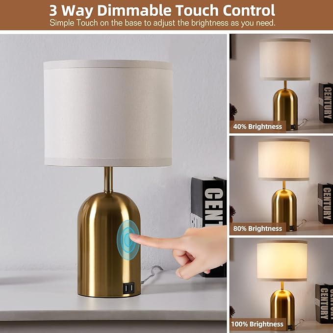 GyroVu Touch Control Table Lamps Set of 2, Gold Bedside Table Lamps for Bedroom Living Room Office, Modern Dimmable Desk Lamp for Nightstand with 2 USB Charging Ports, 2 Bulbs Included