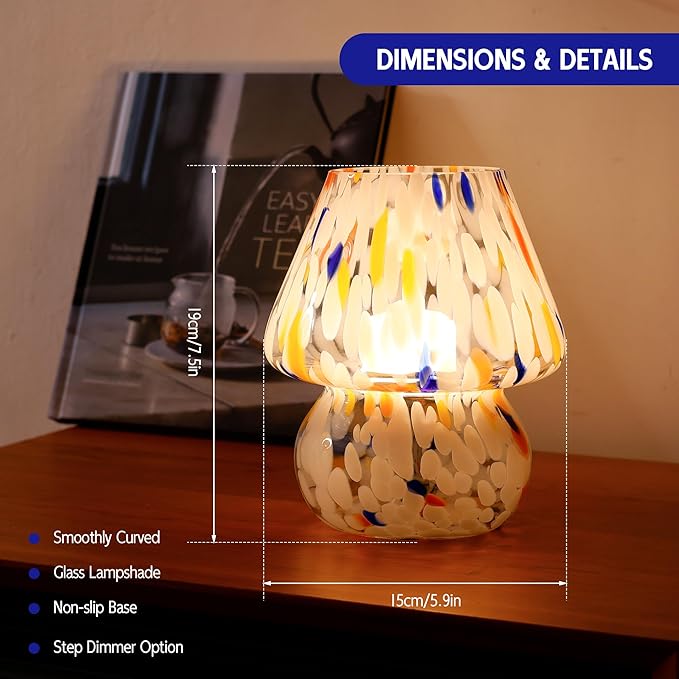 Cordless Mushroom Lamp-Modern Small Battery Operated Table Lamp with Timer for Home Decor,Aesthetic Glass Battery Powered Lamp for Bedroom/Kitchen/Living Room/Shelf Decor(White&Blue)
