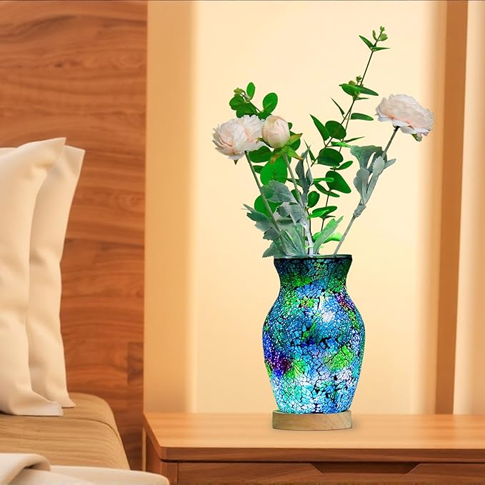 8-Inch Handcrafted Mosaic Cracked-Ice Vase Bedside Lamp with USB-Powered LED Wooden Base 10 Brightness Levels & 3 Color Temperatures,Art Decor Purple-Green Vase Night Light for Home