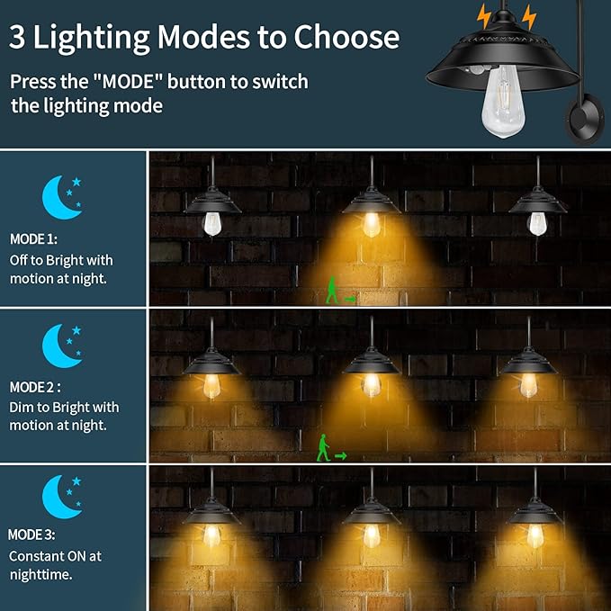 Aqonsie Solar Barn Light Outdoor With 3 Lighting Modes & Motion Sensor Wall Sconces, Rustic Chicken Coop Lights, Waterproof Wall Mount Light for Barn/Shed/Farmhouse/Porch