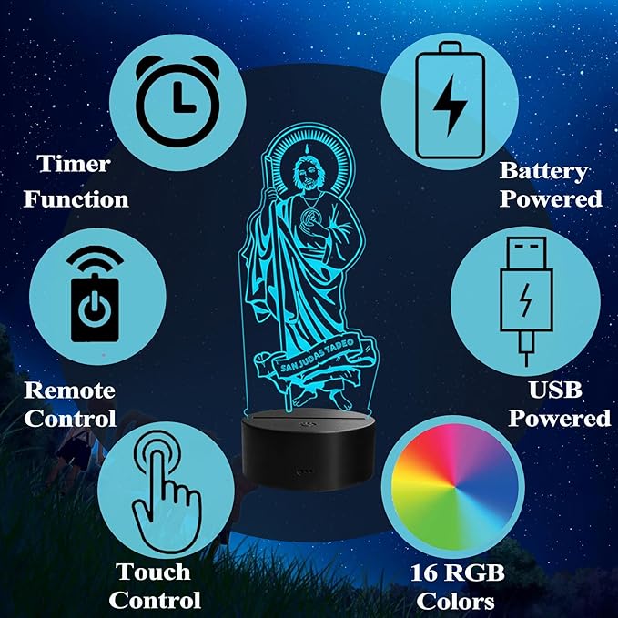 San Judas Tadeo Night Light, Judas Tadeo Decor, 3D Illusion Lamp with Remote Control, 16 RGB Colors, 4 Flashing Modes, Timer, Kids Room Decor