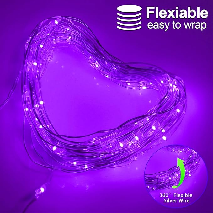 YAOZHOU Halloween Christmas Decorations Purple Fairy String Lights Indoor, Battery Operated with Timer, 2Pack Total 33FT 100 Led Mini Battery Powered Mason Jar Waterproof Firefly Lights DIY Party